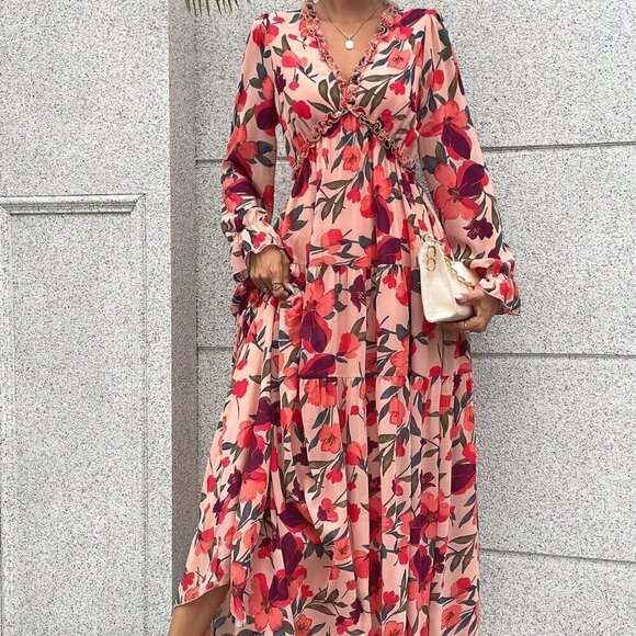 Multicolor Boho Women's Allover Floral Print Lantern Sleeve Ruffle Hem Dress - Picture 2 of 6